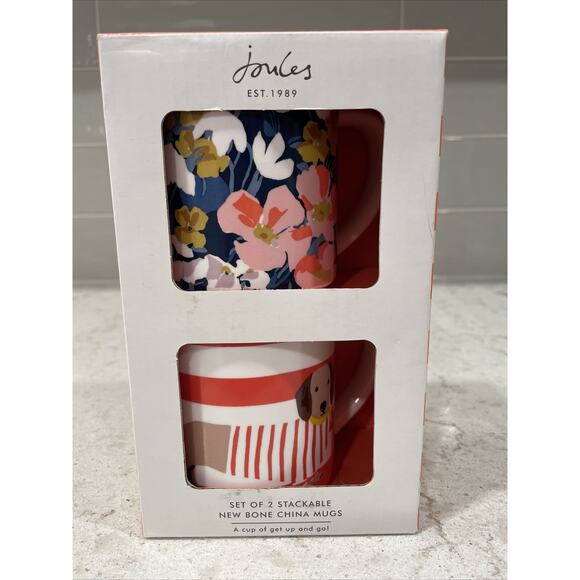 Set 2 Stackable JOULES 10oz Mugs Bone China Dachshund Dog + Floral Boxed Gift - Picture 2 of 11